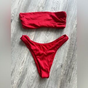 Red Strapless Ribbed Bikini Set